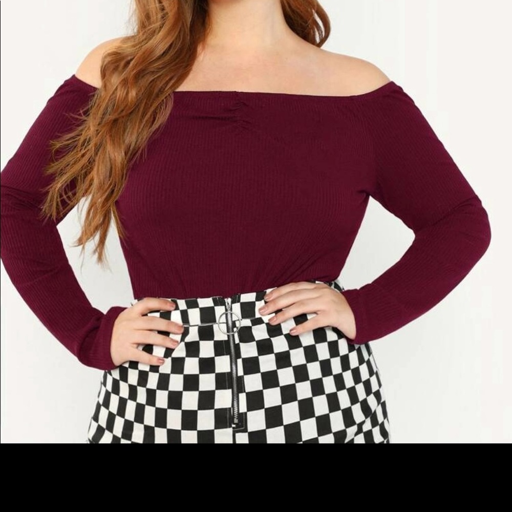 Plus Size Off the Shoulder Ribbed Top-Burgundy
